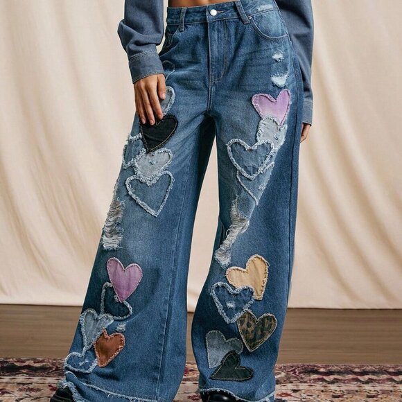 Blue Casual Women's patchwork Heart Pattern Washed Low-Rise Denim Jeans - Picture 6 of 7